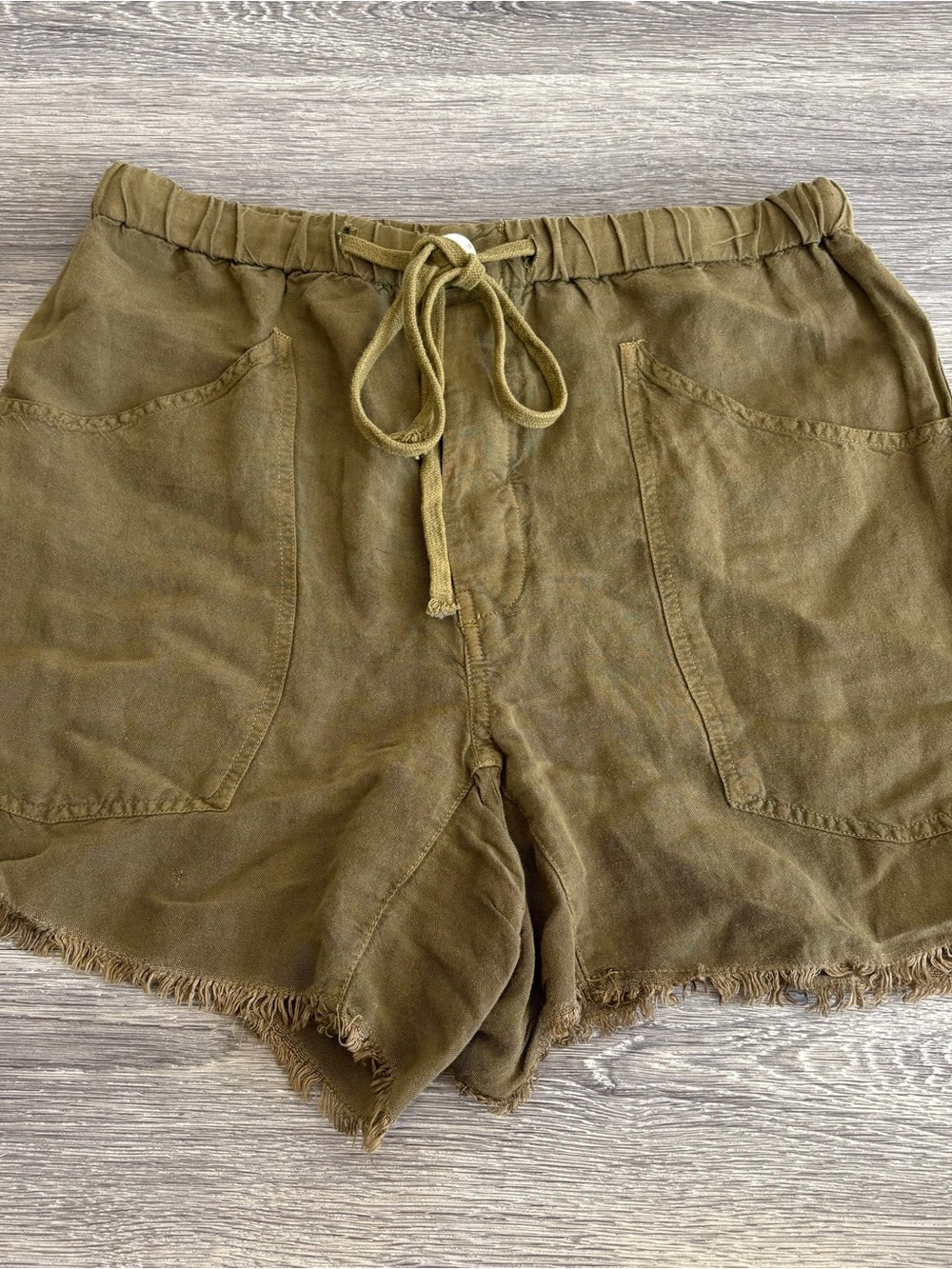 Free People Olive Green Frayed Hem Drawstring Linen Blend Shorts Size S
